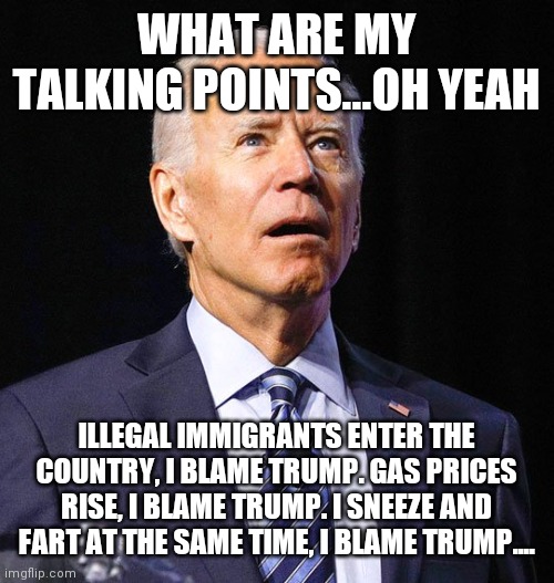 Joe Biden | WHAT ARE MY TALKING POINTS...OH YEAH; ILLEGAL IMMIGRANTS ENTER THE COUNTRY, I BLAME TRUMP. GAS PRICES RISE, I BLAME TRUMP. I SNEEZE AND FART AT THE SAME TIME, I BLAME TRUMP.... | image tagged in joe biden | made w/ Imgflip meme maker