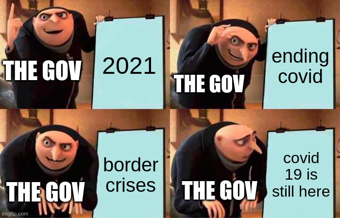 Gru's Plan Meme | 2021; ending covid; THE GOV; THE GOV; border crises; covid 19 is still here; THE GOV; THE GOV | image tagged in memes,gru's plan,funny | made w/ Imgflip meme maker