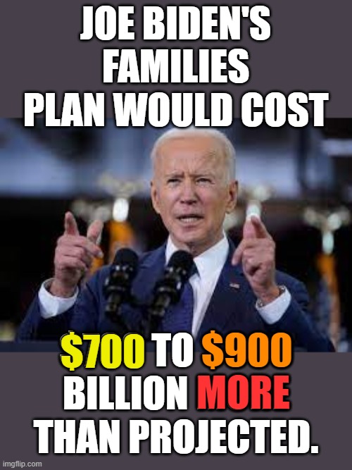 Watching Your Money Disappear...Over And Over Again | JOE BIDEN'S FAMILIES PLAN WOULD COST; $700 TO $900 BILLION MORE THAN PROJECTED. $900; $700; MORE | image tagged in memes,politics,joe biden,lowball,costs,money in politics | made w/ Imgflip meme maker