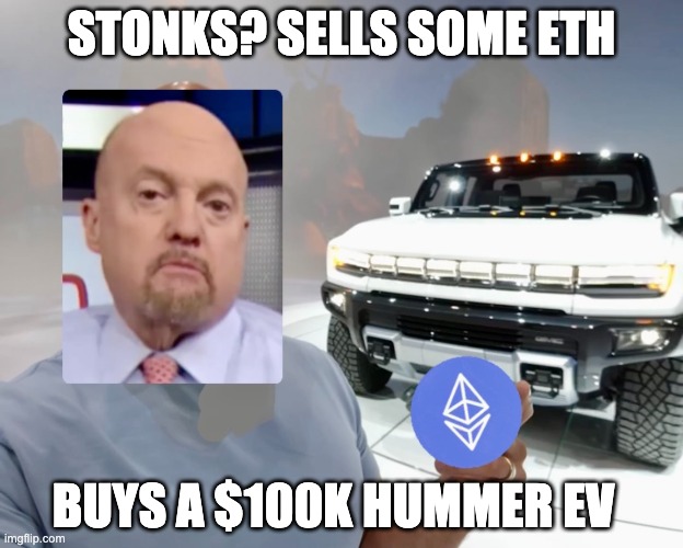 Crypto Cramer | STONKS? SELLS SOME ETH; BUYS A $100K HUMMER EV | image tagged in crypto,mad money jim cramer,hummer,stonks | made w/ Imgflip meme maker