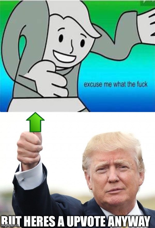 BUT HERES A UPVOTE ANYWAY | image tagged in excuse me what the fu-,trump upvote | made w/ Imgflip meme maker