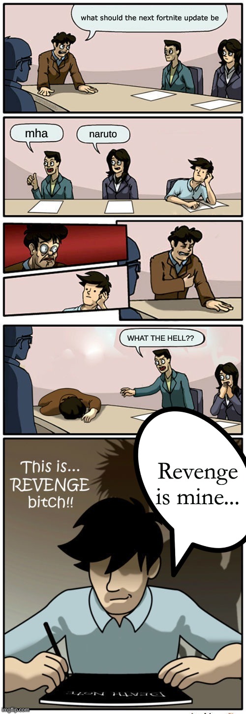 Jimmy finally gets revenge | what should the next fortnite update be; mha; naruto; WHAT THE HELL?? Revenge is mine... | image tagged in boardroom suggestion meeting revenge version | made w/ Imgflip meme maker