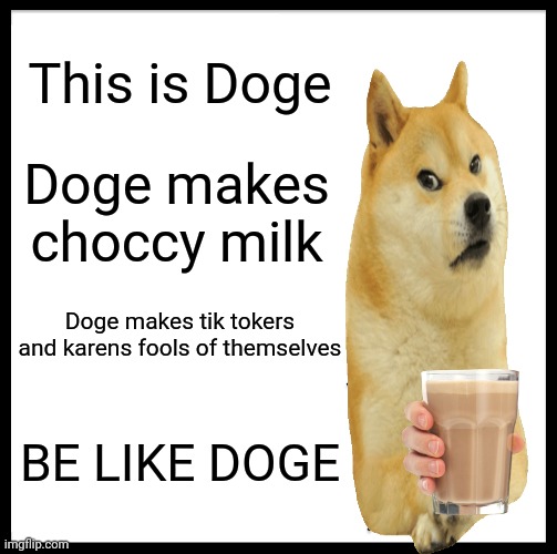 Be Like Bill Meme | This is Doge; Doge makes choccy milk; Doge makes tik tokers and karens fools of themselves; BE LIKE DOGE | image tagged in memes,be like bill | made w/ Imgflip meme maker