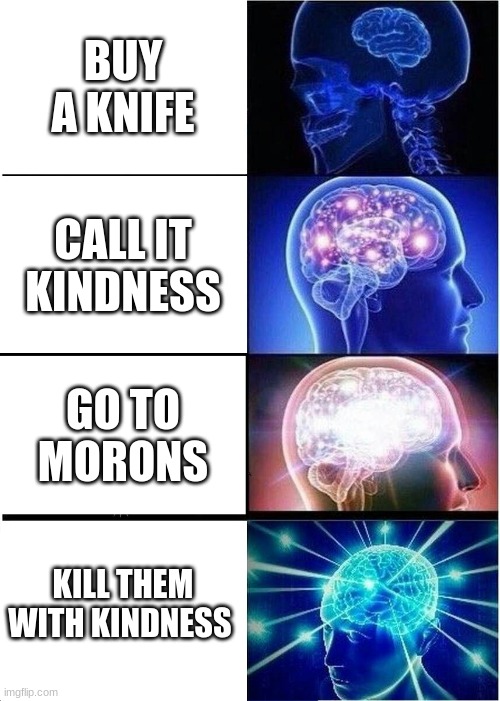 y e s | BUY A KNIFE; CALL IT KINDNESS; GO TO MORONS; KILL THEM WITH KINDNESS | image tagged in memes,expanding brain | made w/ Imgflip meme maker