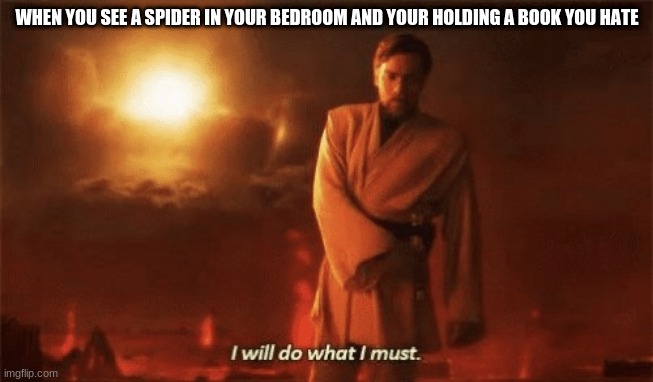 i know what i have to do, idk if i have the strength to do it | WHEN YOU SEE A SPIDER IN YOUR BEDROOM AND YOUR HOLDING A BOOK YOU HATE | image tagged in i will do what i must,star wars prequels,star wars meme,spider,life sucks | made w/ Imgflip meme maker