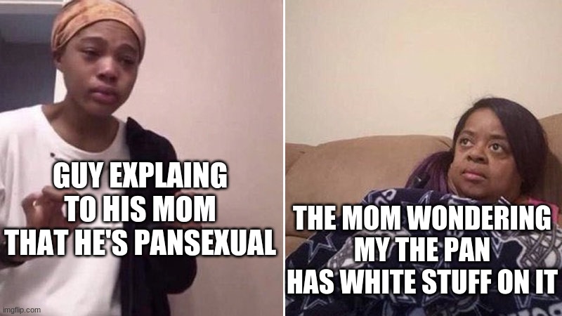 Me explaining to my mom | GUY EXPLAING TO HIS MOM THAT HE'S PANSEXUAL; THE MOM WONDERING MY THE PAN HAS WHITE STUFF ON IT | image tagged in me explaining to my mom | made w/ Imgflip meme maker