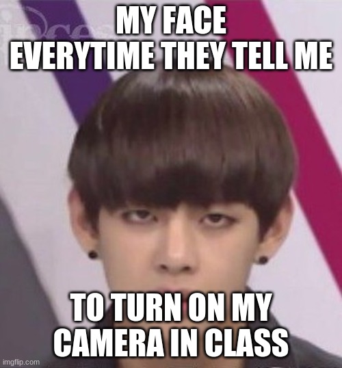 BTS V | MY FACE EVERYTIME THEY TELL ME; TO TURN ON MY CAMERA IN CLASS | image tagged in bts v | made w/ Imgflip meme maker