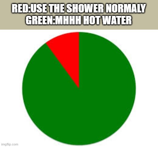 yes | RED:USE THE SHOWER NORMALY
GREEN:MHHH HOT WATER | image tagged in pie chart | made w/ Imgflip meme maker