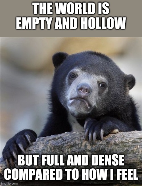 Confession Bear | THE WORLD IS EMPTY AND HOLLOW; BUT FULL AND DENSE COMPARED TO HOW I FEEL | image tagged in memes,confession bear | made w/ Imgflip meme maker