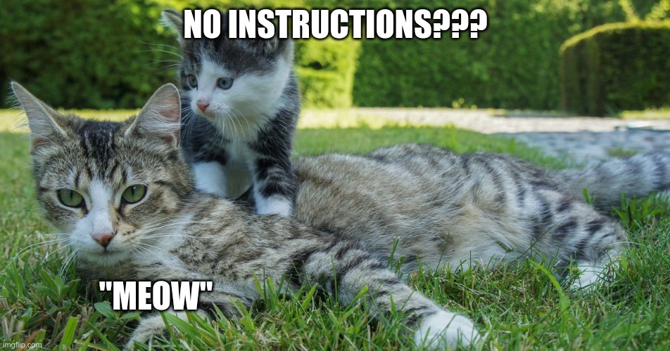 lol | NO INSTRUCTIONS??? "MEOW" | image tagged in mwahahaha | made w/ Imgflip meme maker