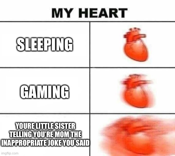 My heart blank | SLEEPING; GAMING; YOURE LITTLE SISTER TELLING YOU’RE MOM THE INAPPROPRIATE JOKE YOU SAID | image tagged in my heart blank | made w/ Imgflip meme maker