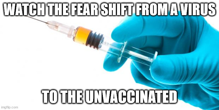 Syringe vaccine medicine |  WATCH THE FEAR SHIFT FROM A VIRUS; TO THE UNVACCINATED | image tagged in syringe vaccine medicine | made w/ Imgflip meme maker
