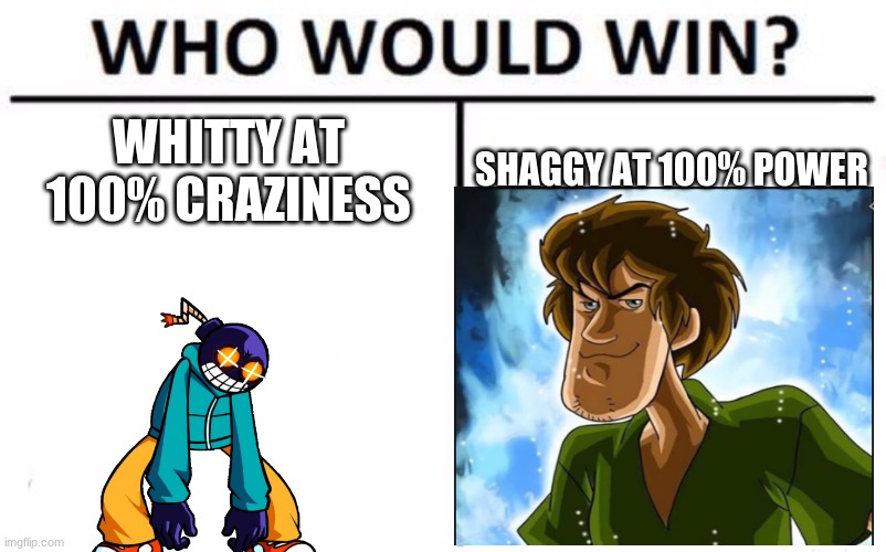 Who Would Win? Meme | WHITTY AT 100% CRAZINESS; SHAGGY AT 100% POWER | image tagged in memes,who would win | made w/ Imgflip meme maker