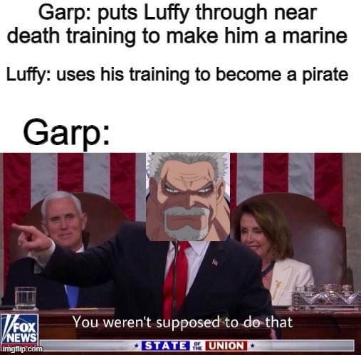 Alle Oop | Garp: puts Luffy through near death training to make him a marine; Luffy: uses his training to become a pirate; Garp: | image tagged in blank white template,you werent supposed to do that | made w/ Imgflip meme maker