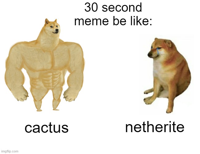 Buff Doge vs. Cheems | 30 second meme be like:; cactus; netherite | image tagged in memes,buff doge vs cheems | made w/ Imgflip meme maker