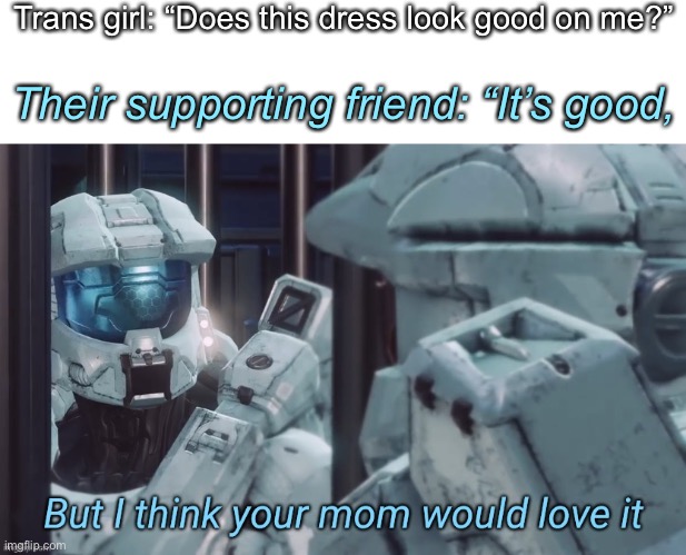 But I think your mom would love it | Trans girl: “Does this dress look good on me?”; Their supporting friend: “It’s good, | image tagged in but i think your mom would love it | made w/ Imgflip meme maker