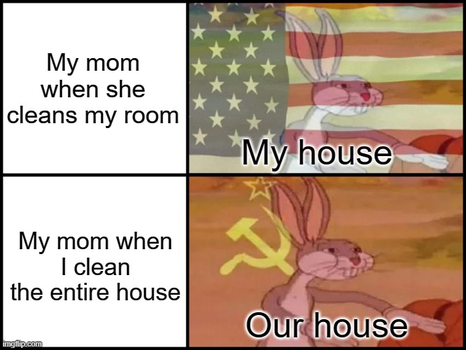 Capitalist and communist | My mom when she cleans my room; My house; My mom when I clean the entire house; Our house | image tagged in capitalist and communist | made w/ Imgflip meme maker
