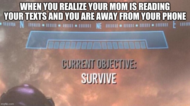 Oh shi- | WHEN YOU REALIZE YOUR MOM IS READING YOUR TEXTS AND YOU ARE AWAY FROM YOUR PHONE | image tagged in current objective survive | made w/ Imgflip meme maker