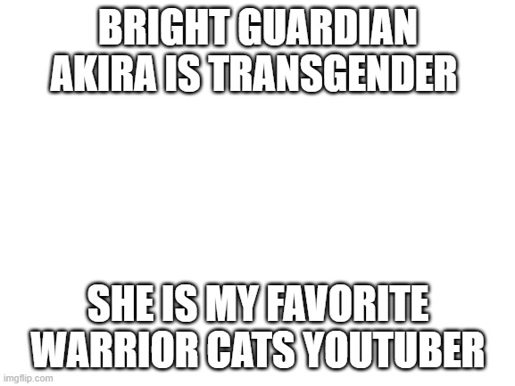 good job for finding you identity, Akira | BRIGHT GUARDIAN AKIRA IS TRANSGENDER; SHE IS MY FAVORITE WARRIOR CATS YOUTUBER | made w/ Imgflip meme maker