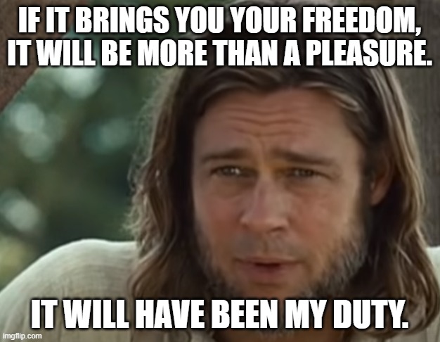 My duty. | IF IT BRINGS YOU YOUR FREEDOM, IT WILL BE MORE THAN A PLEASURE. IT WILL HAVE BEEN MY DUTY. | image tagged in brad pitt,duty,pleasure,twelve years a slave,12 years a slave | made w/ Imgflip meme maker