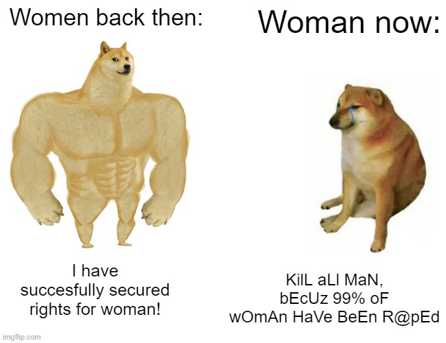 Buff Doge vs. Cheems | Women back then:; Woman now:; I have succesfully secured rights for woman! KilL aLl MaN, bEcUz 99% oF wOmAn HaVe BeEn R@pEd | image tagged in memes,buff doge vs cheems | made w/ Imgflip meme maker