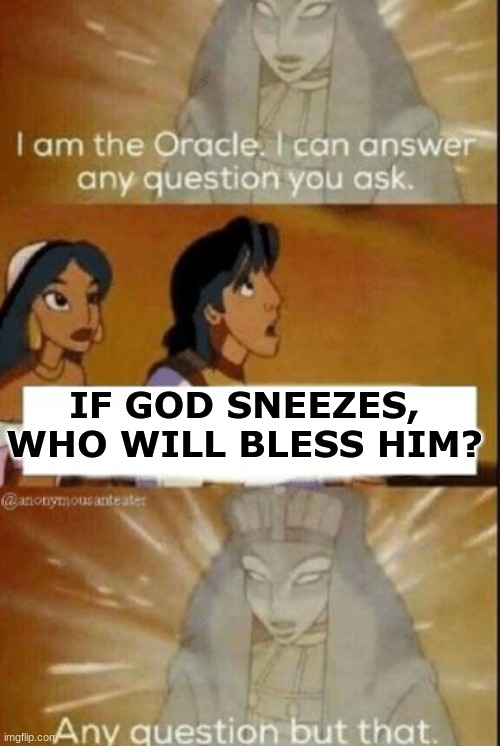 God Bless you... |  IF GOD SNEEZES, WHO WILL BLESS HIM? | image tagged in the oracle,aladdin | made w/ Imgflip meme maker