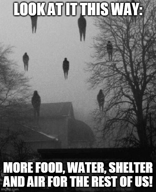 Me and the boys at 3 AM | LOOK AT IT THIS WAY:; MORE FOOD, WATER, SHELTER AND AIR FOR THE REST OF US! | image tagged in me and the boys at 3 am | made w/ Imgflip meme maker