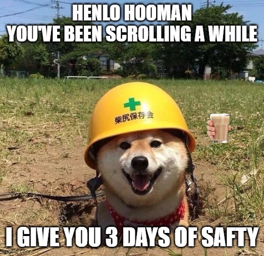 Henlo | HENLO HOOMAN
YOU'VE BEEN SCROLLING A WHILE; I GIVE YOU 3 DAYS OF SAFTY | image tagged in safety doggo | made w/ Imgflip meme maker