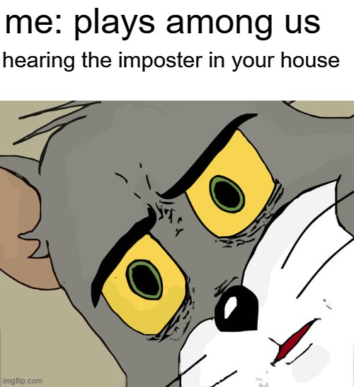 oh no.. | me: plays among us; hearing the imposter in your house | image tagged in memes,unsettled tom | made w/ Imgflip meme maker