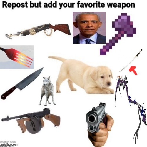 I also added obama | image tagged in obama,repost,weapons | made w/ Imgflip meme maker