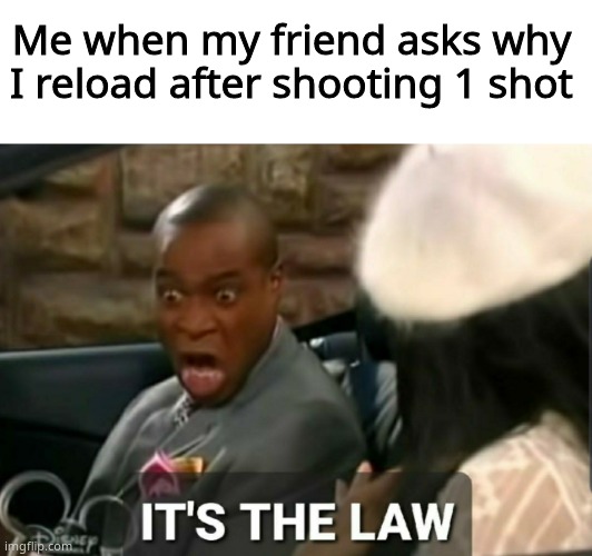 It's the law bro | Me when my friend asks why I reload after shooting 1 shot | image tagged in it's the law | made w/ Imgflip meme maker