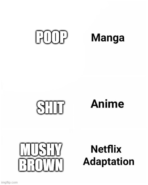 Lets Make The Most Down Voted Meme On Imgflip!!! | POOP; SHIT; MUSHY BROWN | image tagged in manga anime netflix adaption,downvote,shitpost | made w/ Imgflip meme maker