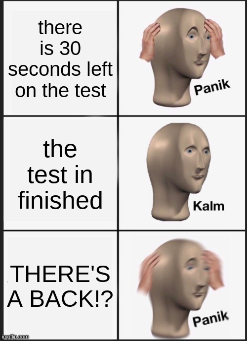 why school | there is 30 seconds left on the test; the test in finished; THERE'S A BACK!? | image tagged in memes,panik kalm panik | made w/ Imgflip meme maker