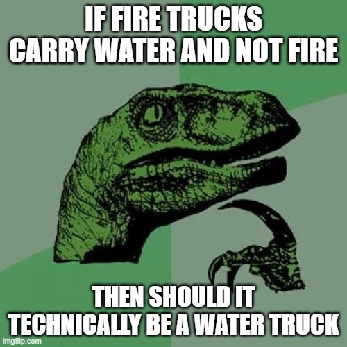 Philosoraptor | IF FIRE TRUCKS CARRY WATER AND NOT FIRE; THEN SHOULD IT TECHNICALLY BE A WATER TRUCK | image tagged in memes,philosoraptor | made w/ Imgflip meme maker