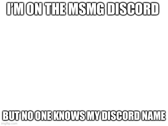 Blank White Template | I’M ON THE MSMG DISCORD; BUT NO ONE KNOWS MY DISCORD NAME | image tagged in blank white template | made w/ Imgflip meme maker