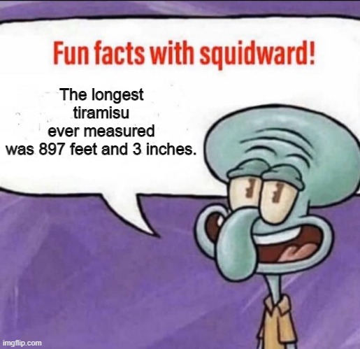 Fun Facts with Squidward | The longest tiramisu ever measured was 897 feet and 3 inches. | image tagged in fun facts with squidward | made w/ Imgflip meme maker