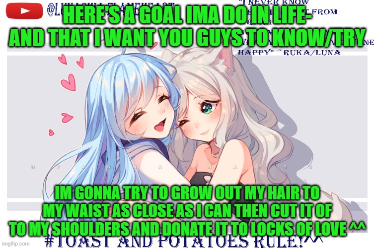 LunaToastUwU | HERE'S A GOAL IMA DO IN LIFE- AND THAT I WANT YOU GUYS TO KNOW/TRY; IM GONNA TRY TO GROW OUT MY HAIR TO MY WAIST AS CLOSE AS I CAN THEN CUT IT OF TO MY SHOULDERS AND DONATE IT TO LOCKS OF LOVE ^^ | image tagged in lunatoastuwu | made w/ Imgflip meme maker
