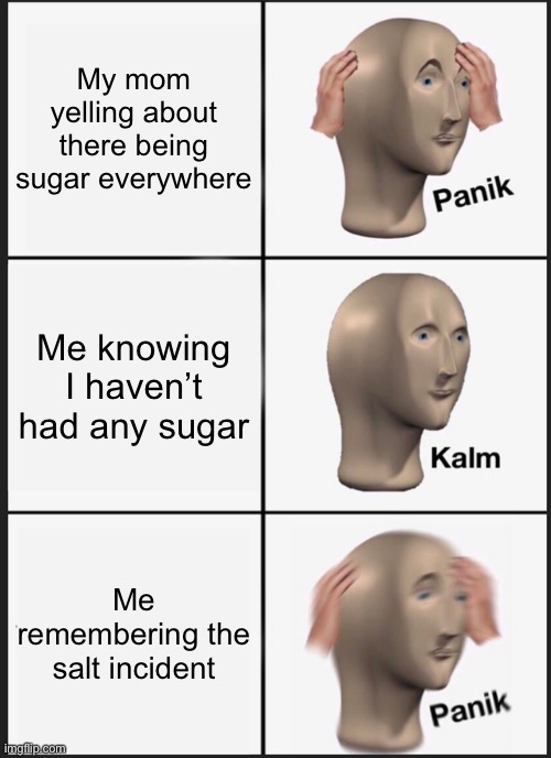 Panik Kalm Panik Meme | My mom yelling about there being sugar everywhere; Me knowing I haven’t had any sugar; Me remembering the salt incident | image tagged in memes,panik kalm panik,sugar,salt,yelling,sorry | made w/ Imgflip meme maker