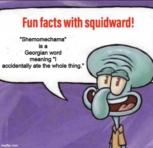 Fun Facts with Squidward | "Shemomechama" is a Georgian word meaning "I accidentally ate the whole thing." | image tagged in fun facts with squidward | made w/ Imgflip meme maker