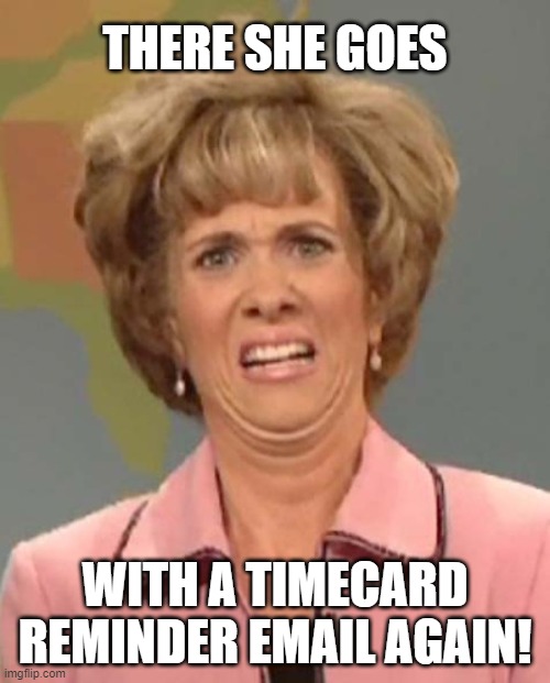 Timecard Reminder | THERE SHE GOES; WITH A TIMECARD REMINDER EMAIL AGAIN! | image tagged in payroll timecard,timecard | made w/ Imgflip meme maker