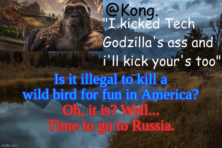 GRANADA! | Is it illegal to kill a wild bird for fun in America? Oh, it is? Well... Time to go to Russia. | image tagged in kong 's new temp | made w/ Imgflip meme maker