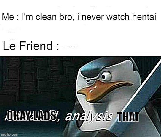 when telling your friend you never watch hentai | Me : I'm clean bro, i never watch hentai; Le Friend :; OKAY LADS; THAT | image tagged in kowalski analysis | made w/ Imgflip meme maker