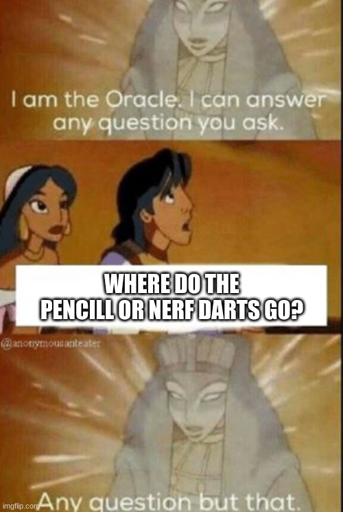where do they go!? | WHERE DO THE PENCILL OR NERF DARTS GO? | image tagged in the oracle | made w/ Imgflip meme maker