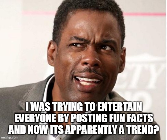 sh*t this ain't supposed to happen | I WAS TRYING TO ENTERTAIN EVERYONE BY POSTING FUN FACTS AND NOW ITS APPARENTLY A TREND? | image tagged in chris rock wut | made w/ Imgflip meme maker