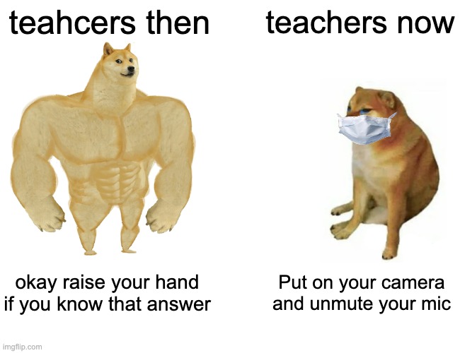 Teachers then and now | teahcers then; teachers now; okay raise your hand if you know that answer; Put on your camera and unmute your mic | image tagged in memes,buff doge vs cheems | made w/ Imgflip meme maker