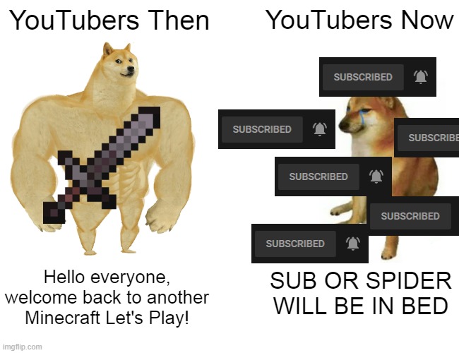 Buff Doge vs. Cheems Meme | YouTubers Then; YouTubers Now; Hello everyone, welcome back to another Minecraft Let's Play! SUB OR SPIDER WILL BE IN BED | image tagged in memes,buff doge vs cheems | made w/ Imgflip meme maker