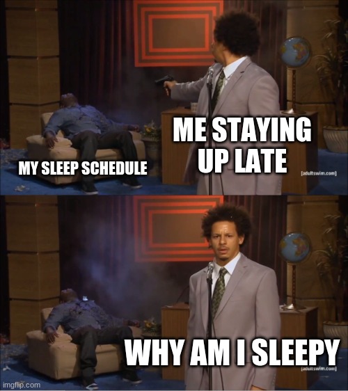 Who Killed Hannibal | ME STAYING UP LATE; MY SLEEP SCHEDULE; WHY AM I SLEEPY | image tagged in memes,who killed hannibal | made w/ Imgflip meme maker