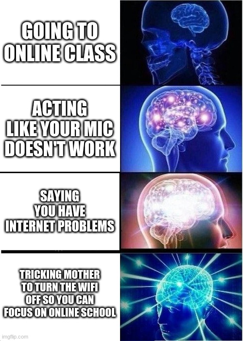 Expanding Brain | GOING TO ONLINE CLASS; ACTING LIKE YOUR MIC DOESN'T WORK; SAYING YOU HAVE INTERNET PROBLEMS; TRICKING MOTHER TO TURN THE WIFI OFF SO YOU CAN FOCUS ON ONLINE SCHOOL | image tagged in memes,expanding brain | made w/ Imgflip meme maker