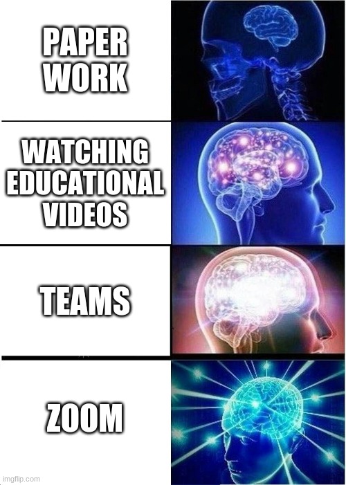 Expanding Brain Meme | PAPER WORK; WATCHING EDUCATIONAL VIDEOS; TEAMS; ZOOM | image tagged in memes,expanding brain | made w/ Imgflip meme maker