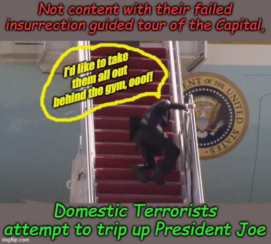 At last, the United States has a President the world can respect again. Just like they respected Jerry Lewis. | Not content with their failed insurrection guided tour of the Capital, I'd like to take them all out behind the gym, ooof! Domestic Terrorists attempt to trip up President Joe | image tagged in biden fall | made w/ Imgflip meme maker